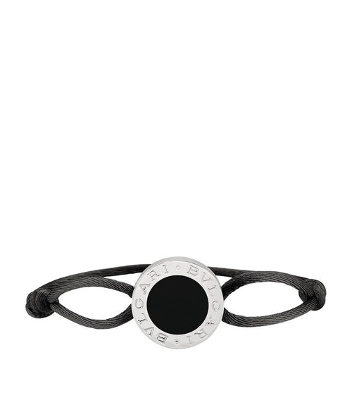 Black cord bracelet with onyx logo disc charm